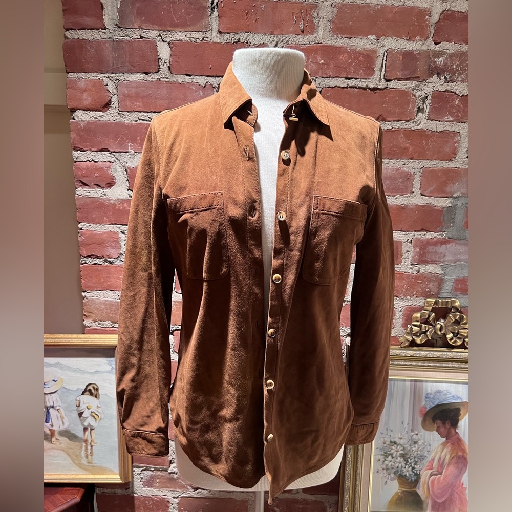 Suede Brown Fitted Button Down Shirt